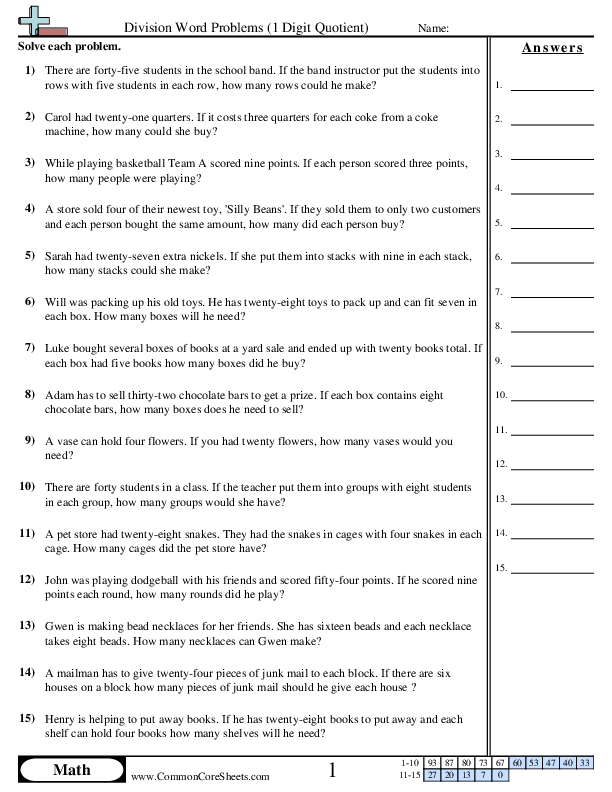 3.oa.8 Worksheets - 1 Digit Quotient (no remainder) worksheet